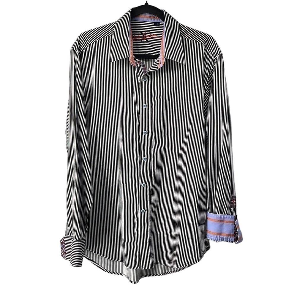 Robert Graham X flip cuff striped button down shirt business standout suit sz Lg